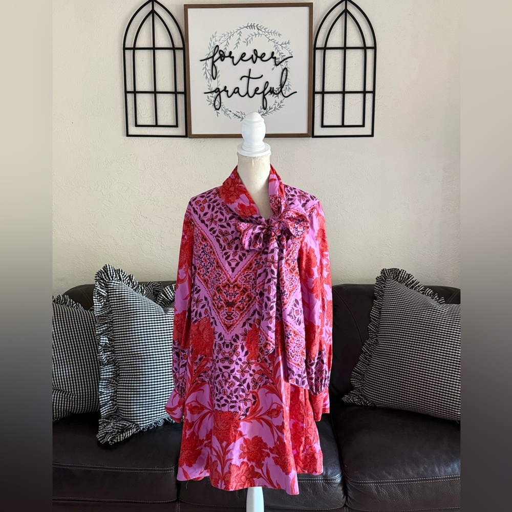 Anthropologie Maeve Red & Pink Floral Tie Neck With Pockets Dress Women’s Size M